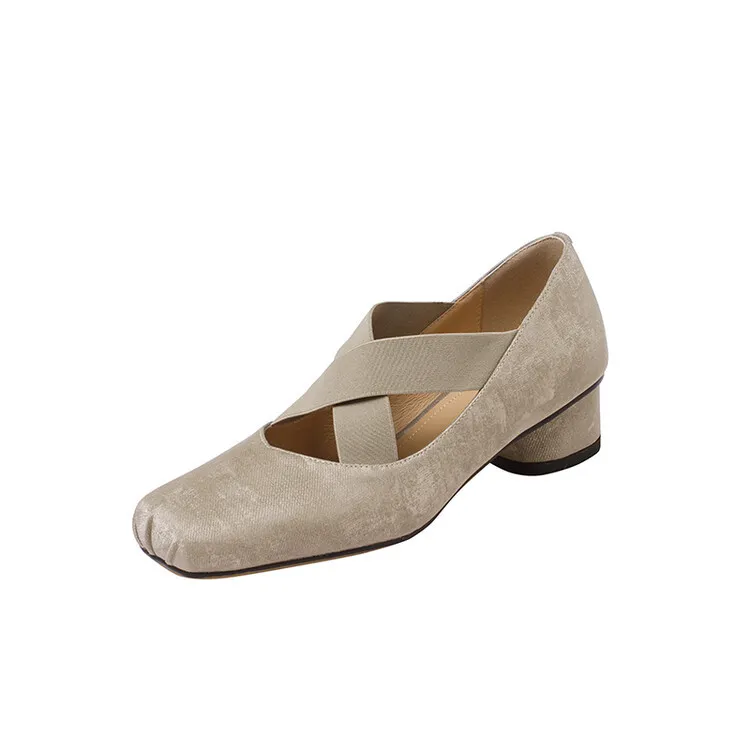 Chunky heel cross-over elastic ballet flats for women, spring style, square toe, flat, retro cross-strap, fashionable low-cut shoes.