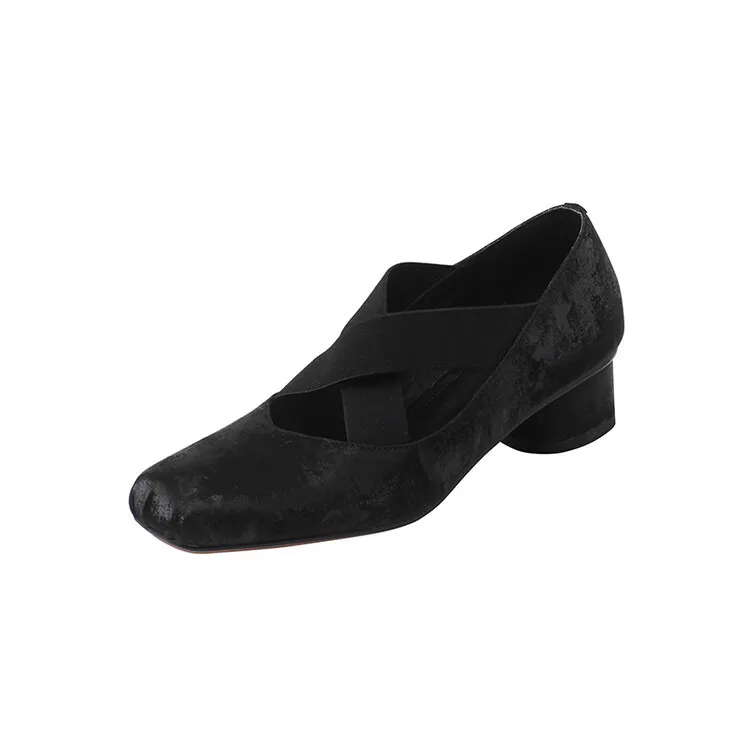 Chunky heel cross-over elastic ballet flats for women, spring style, square toe, flat, retro cross-strap, fashionable low-cut shoes.