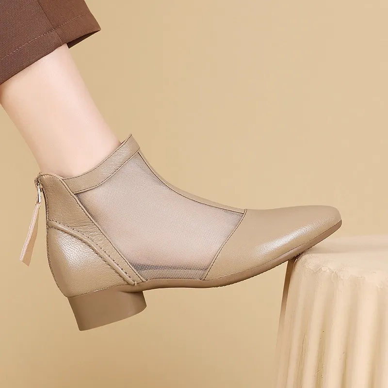 Soft-soled sheepskin retro hollowed-out breathable mesh sandals, summer flat ankle boots, spring and autumn single boots, women's shoes