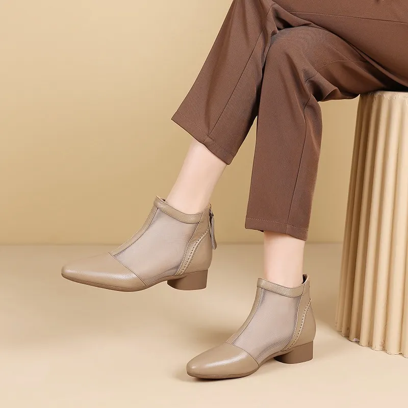 Soft-soled sheepskin retro hollowed-out breathable mesh sandals, summer flat ankle boots, spring and autumn single boots, women's shoes