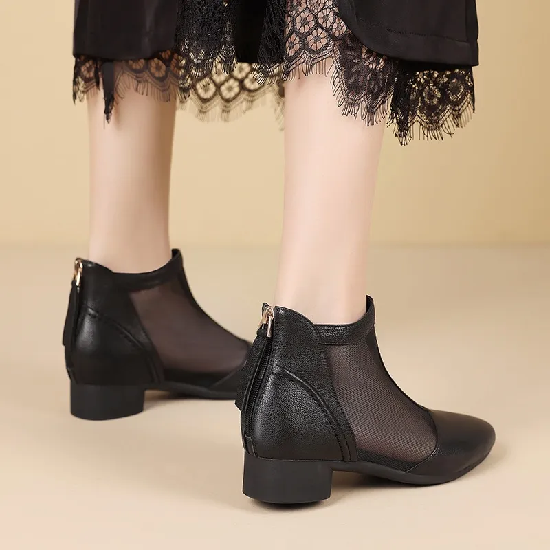 Soft-soled sheepskin retro hollowed-out breathable mesh sandals, summer flat ankle boots, spring and autumn single boots, women's shoes