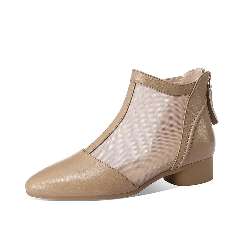 Soft-soled sheepskin retro hollowed-out breathable mesh sandals, summer flat ankle boots, spring and autumn single boots, women's shoes