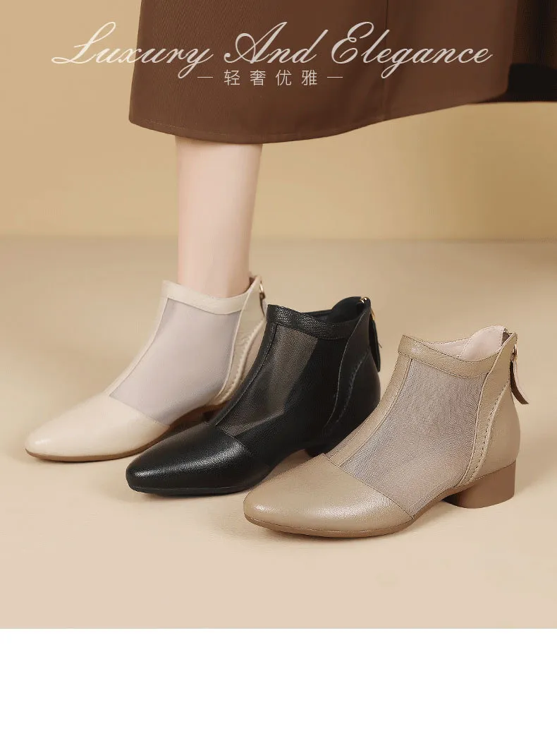 Soft-soled sheepskin retro hollowed-out breathable mesh sandals, summer flat ankle boots, spring and autumn single boots, women's shoes