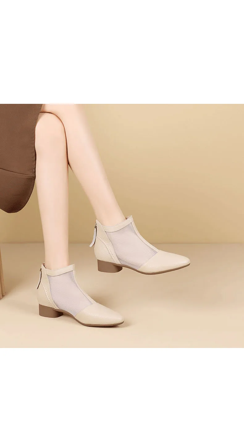 Soft-soled sheepskin retro hollowed-out breathable mesh sandals, summer flat ankle boots, spring and autumn single boots, women's shoes