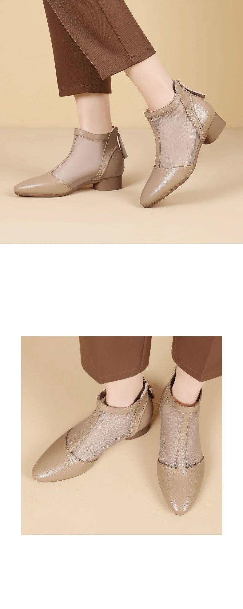 Soft-soled sheepskin retro hollowed-out breathable mesh sandals, summer flat ankle boots, spring and autumn single boots, women's shoes
