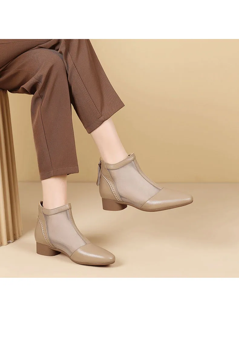 Soft-soled sheepskin retro hollowed-out breathable mesh sandals, summer flat ankle boots, spring and autumn single boots, women's shoes