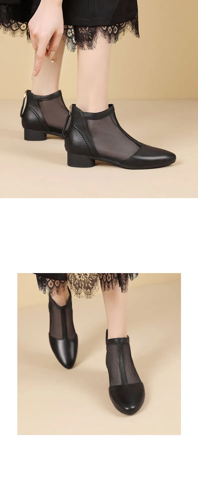 Soft-soled sheepskin retro hollowed-out breathable mesh sandals, summer flat ankle boots, spring and autumn single boots, women's shoes
