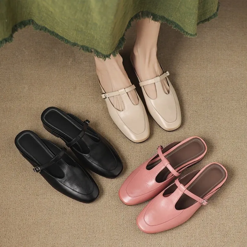Stable, comfortable, 3cm high genuine leather mid-heel breathable closed-toe slippers for women, spring and summer, fairy pink, chunky heel, half slippers.