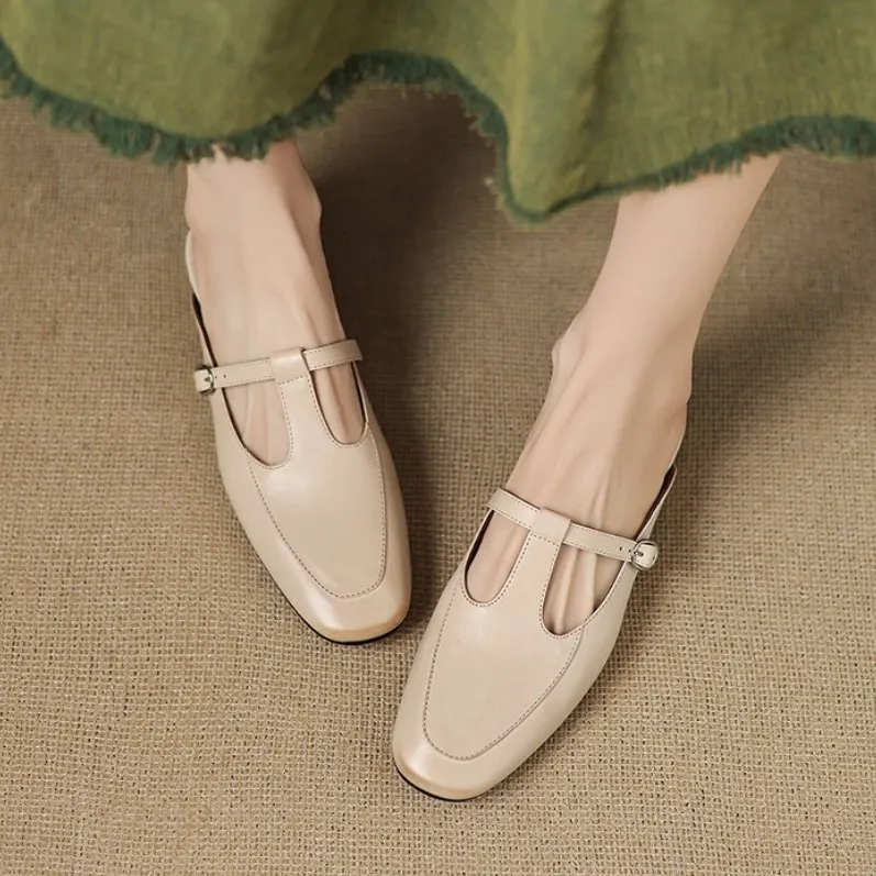 Stable, comfortable, 3cm high genuine leather mid-heel breathable closed-toe slippers for women, spring and summer, fairy pink, chunky heel, half slippers.