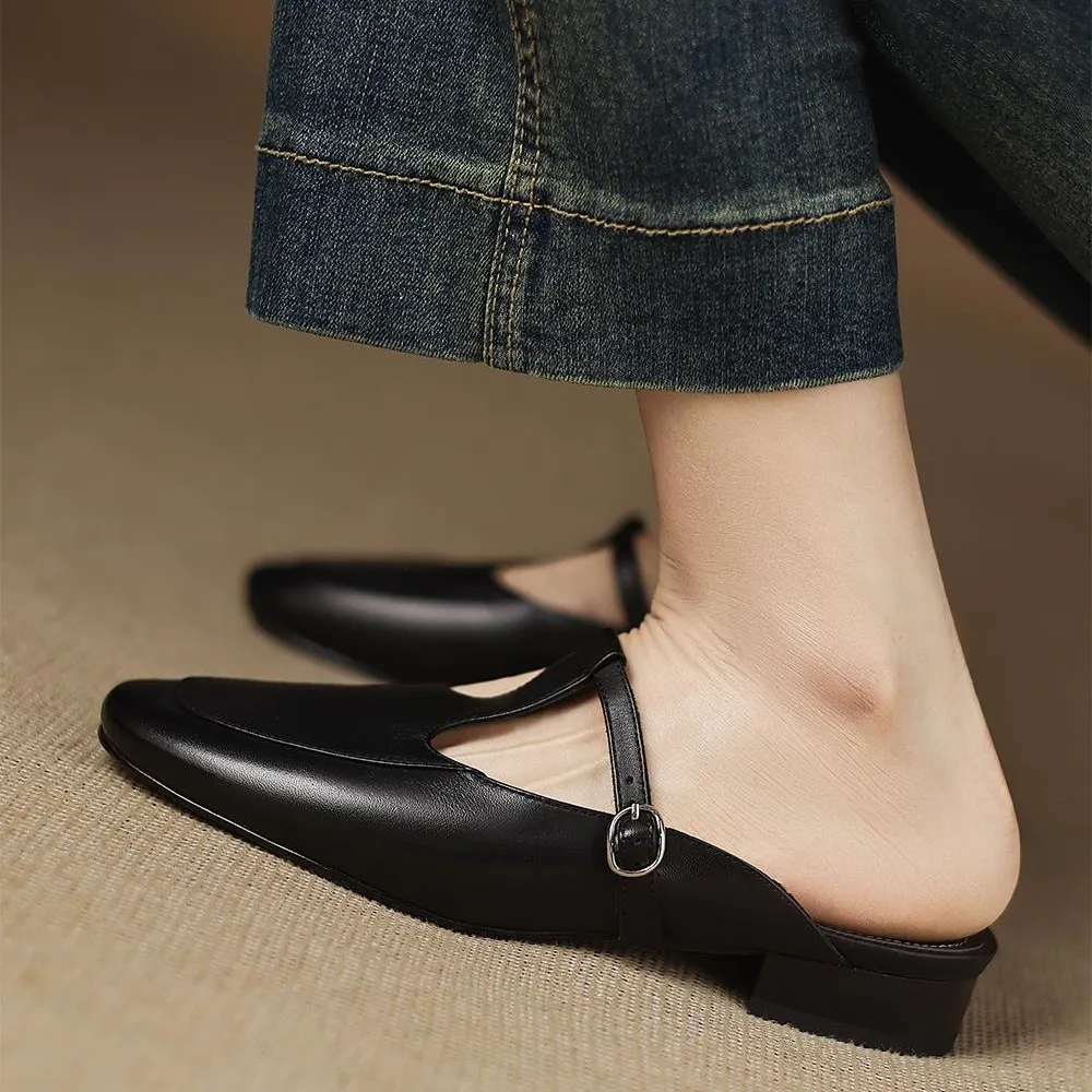 Stable, comfortable, 3cm high genuine leather mid-heel breathable closed-toe slippers for women, spring and summer, fairy pink, chunky heel, half slippers.