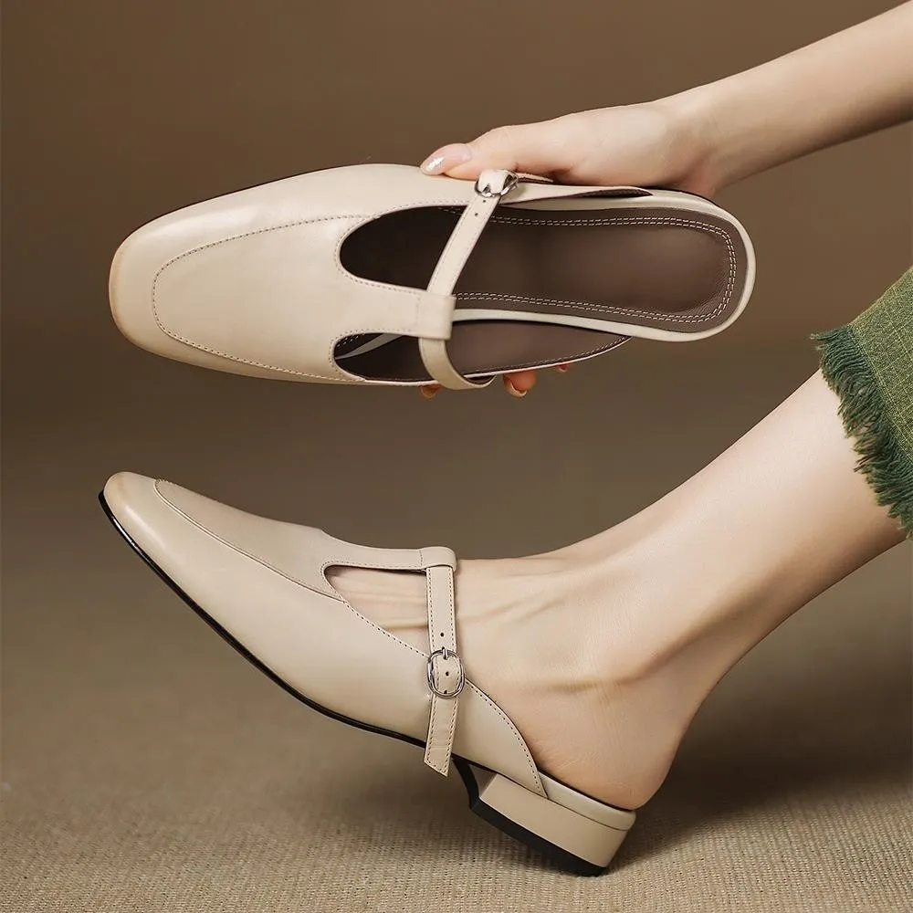 Stable, comfortable, 3cm high genuine leather mid-heel breathable closed-toe slippers for women, spring and summer, fairy pink, chunky heel, half slippers.
