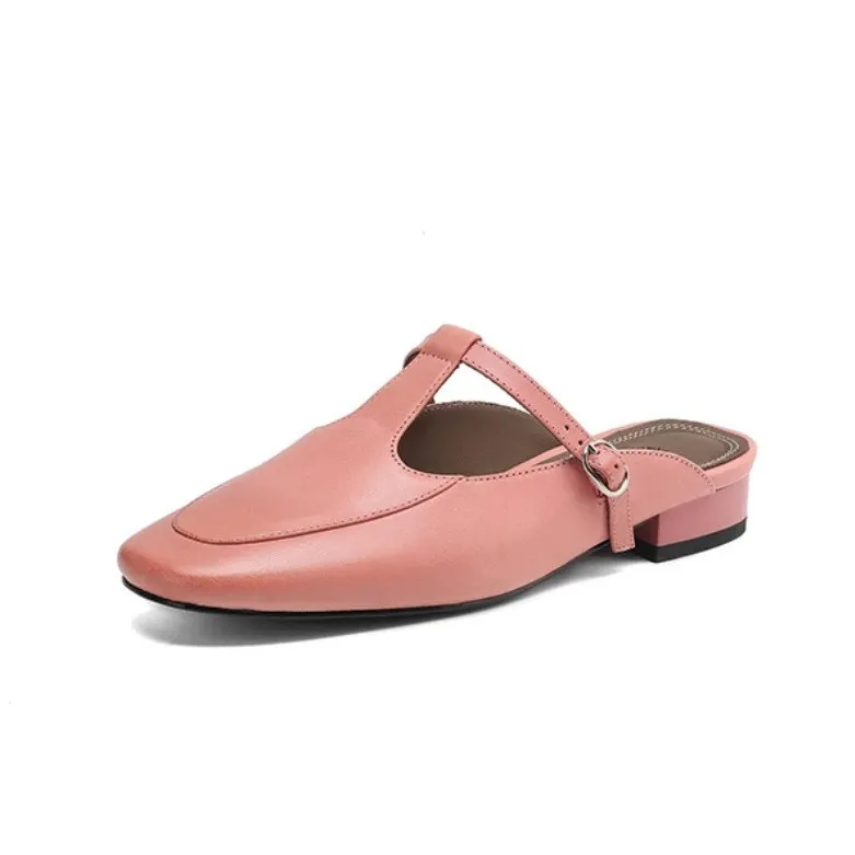 Stable, comfortable, 3cm high genuine leather mid-heel breathable closed-toe slippers for women, spring and summer, fairy pink, chunky heel, half slippers.