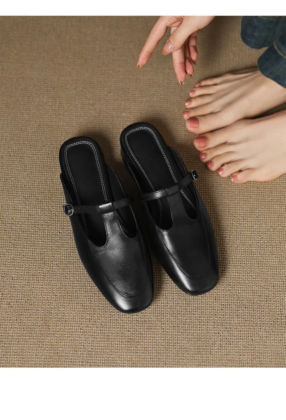 Stable, comfortable, 3cm high genuine leather mid-heel breathable closed-toe slippers for women, spring and summer, fairy pink, chunky heel, half slippers.