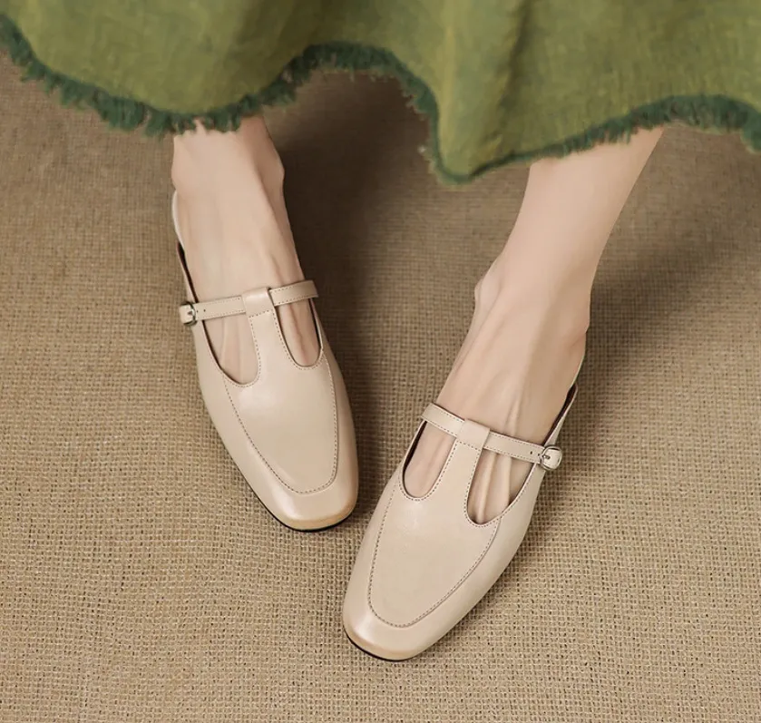 Stable, comfortable, 3cm high genuine leather mid-heel breathable closed-toe slippers for women, spring and summer, fairy pink, chunky heel, half slippers.
