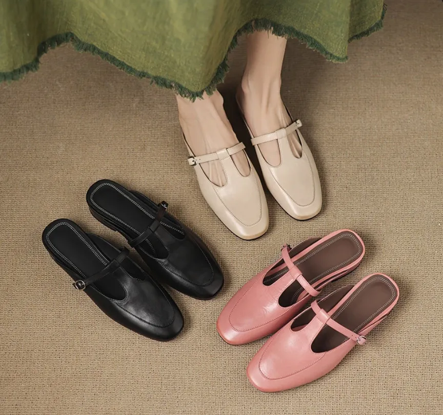 Stable, comfortable, 3cm high genuine leather mid-heel breathable closed-toe slippers for women, spring and summer, fairy pink, chunky heel, half slippers.