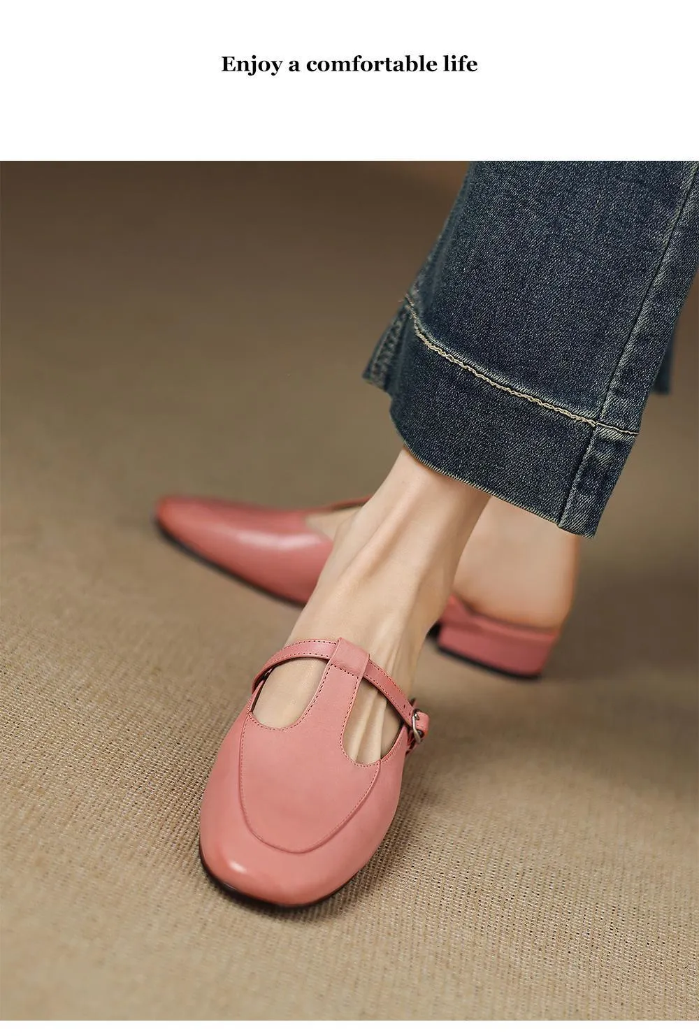 Stable, comfortable, 3cm high genuine leather mid-heel breathable closed-toe slippers for women, spring and summer, fairy pink, chunky heel, half slippers.