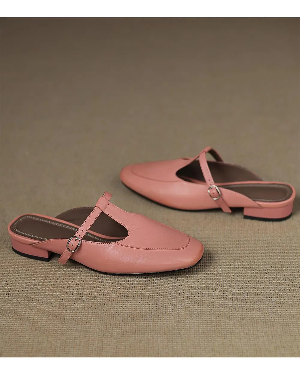 Stable, comfortable, 3cm high genuine leather mid-heel breathable closed-toe slippers for women, spring and summer, fairy pink, chunky heel, half slippers.