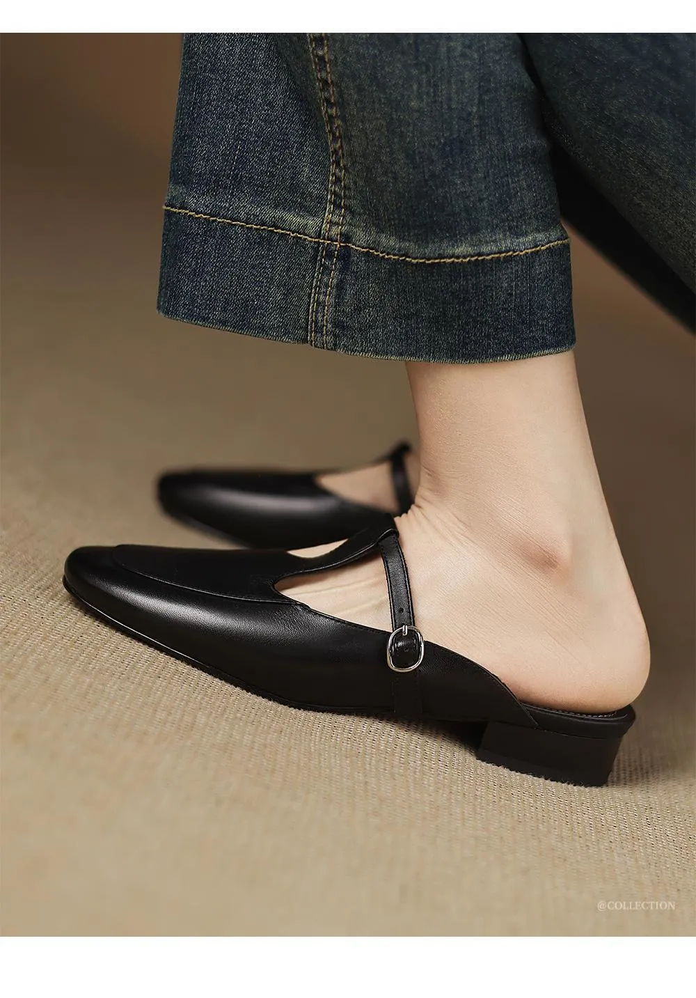 Stable, comfortable, 3cm high genuine leather mid-heel breathable closed-toe slippers for women, spring and summer, fairy pink, chunky heel, half slippers.