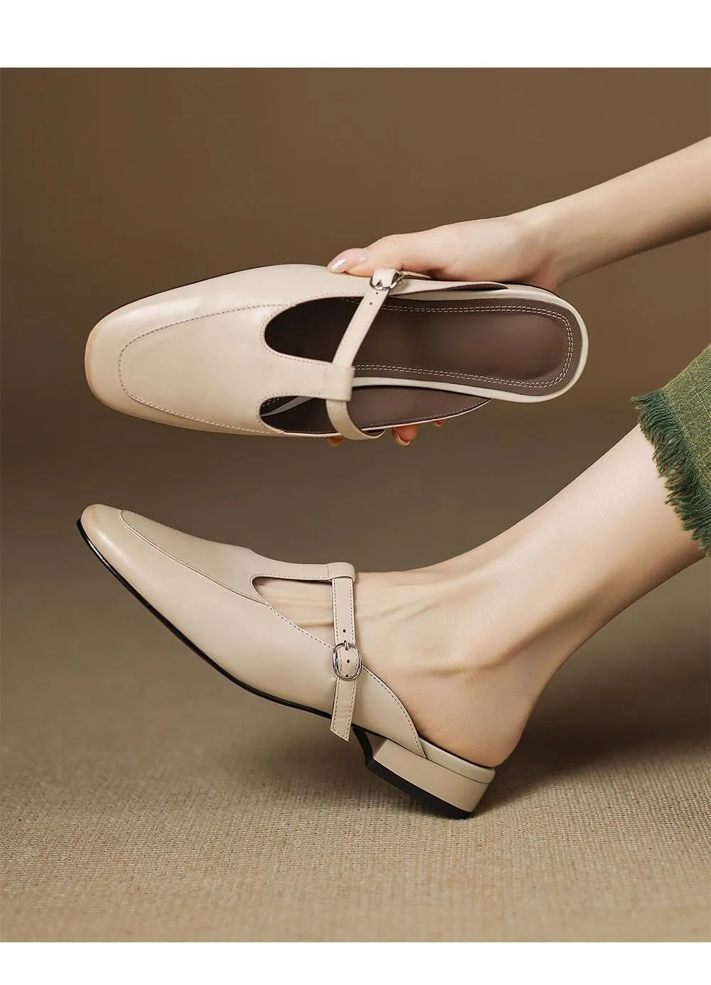 Stable, comfortable, 3cm high genuine leather mid-heel breathable closed-toe slippers for women, spring and summer, fairy pink, chunky heel, half slippers.