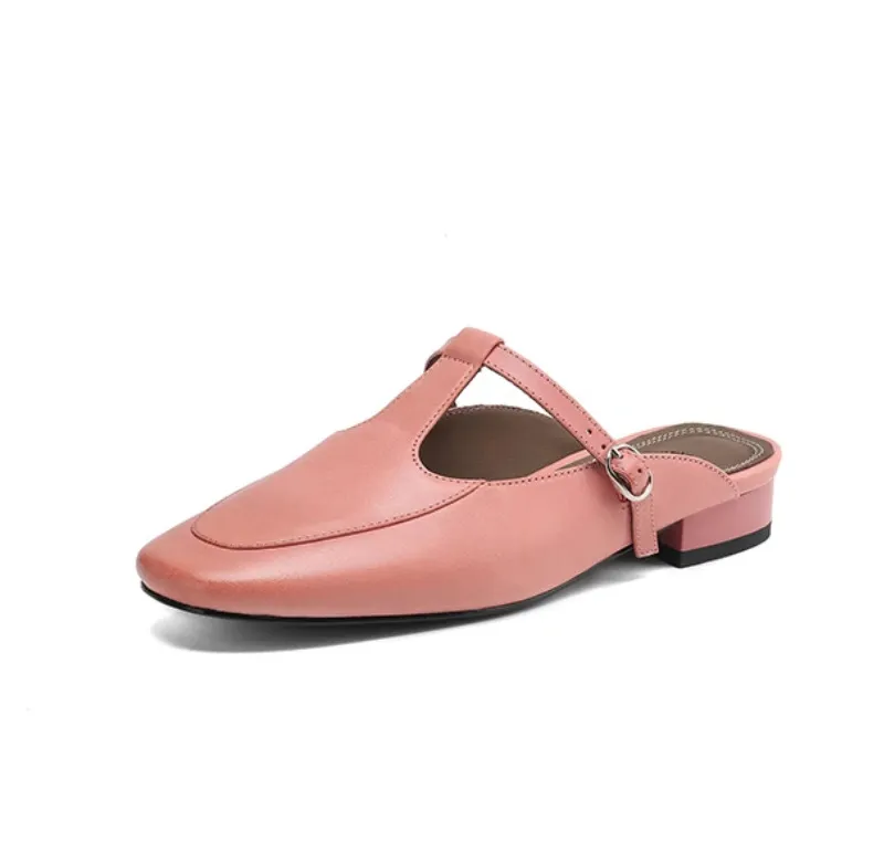 Stable, comfortable, 3cm high genuine leather mid-heel breathable closed-toe slippers for women, spring and summer, fairy pink, chunky heel, half slippers.