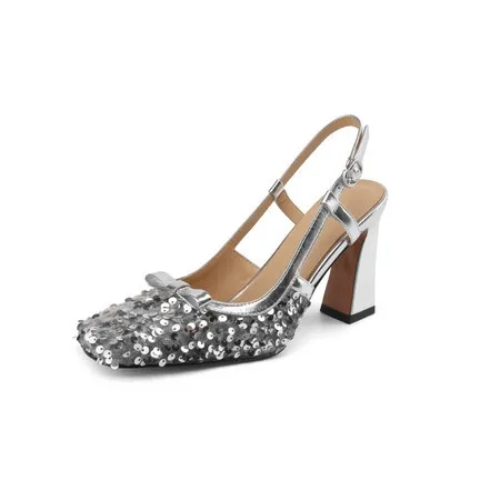 Summer genuine leather sequined sexy women's shoes square toe open back half-covered chunky heel fashion high-heeled sandals