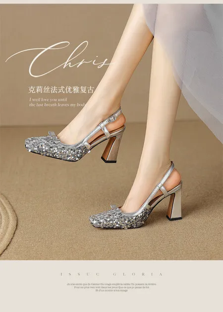 Summer genuine leather sequined sexy women's shoes square toe open back half-covered chunky heel fashion high-heeled sandals