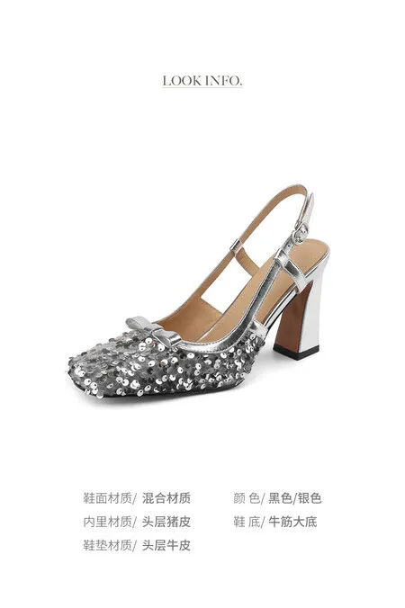 Summer genuine leather sequined sexy women's shoes square toe open back half-covered chunky heel fashion high-heeled sandals