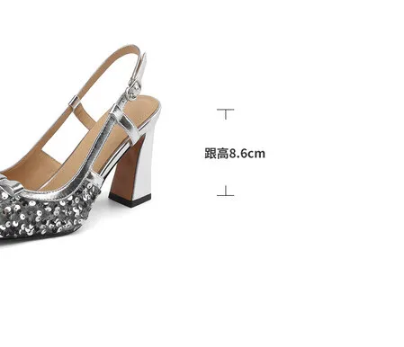 Summer genuine leather sequined sexy women's shoes square toe open back half-covered chunky heel fashion high-heeled sandals