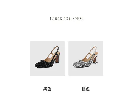 Summer genuine leather sequined sexy women's shoes square toe open back half-covered chunky heel fashion high-heeled sandals