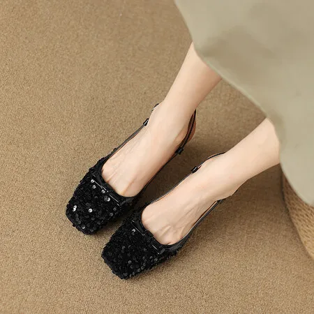 Summer genuine leather sequined sexy women's shoes square toe open back half-covered chunky heel fashion high-heeled sandals