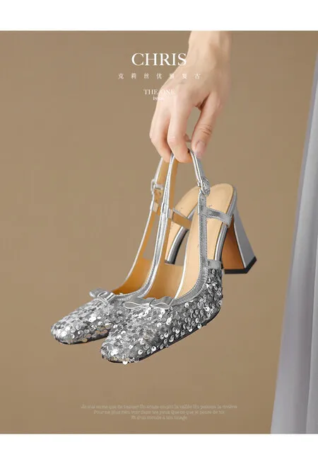 Summer genuine leather sequined sexy women's shoes square toe open back half-covered chunky heel fashion high-heeled sandals
