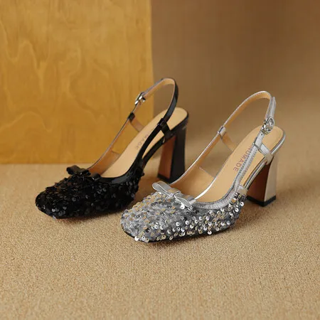 Summer genuine leather sequined sexy women's shoes square toe open back half-covered chunky heel fashion high-heeled sandals