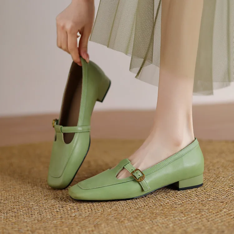 Women's square-toe chunky heel flats with buckle, made of cowhide, available in green, pink, and white (04-05e).