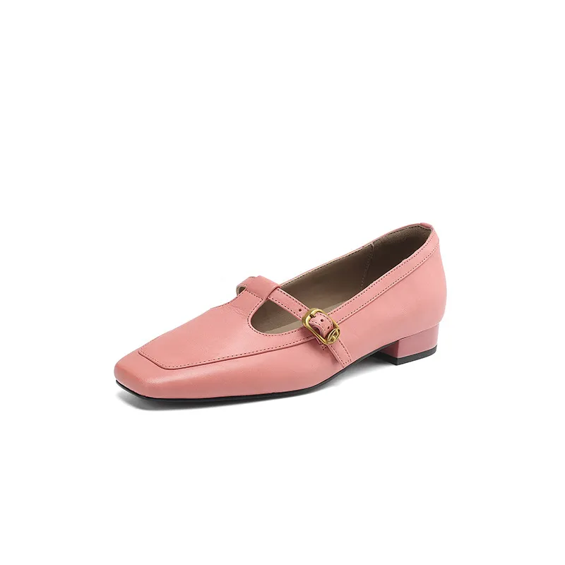 Women's square-toe chunky heel flats with buckle, made of cowhide, available in green, pink, and white (04-05e).