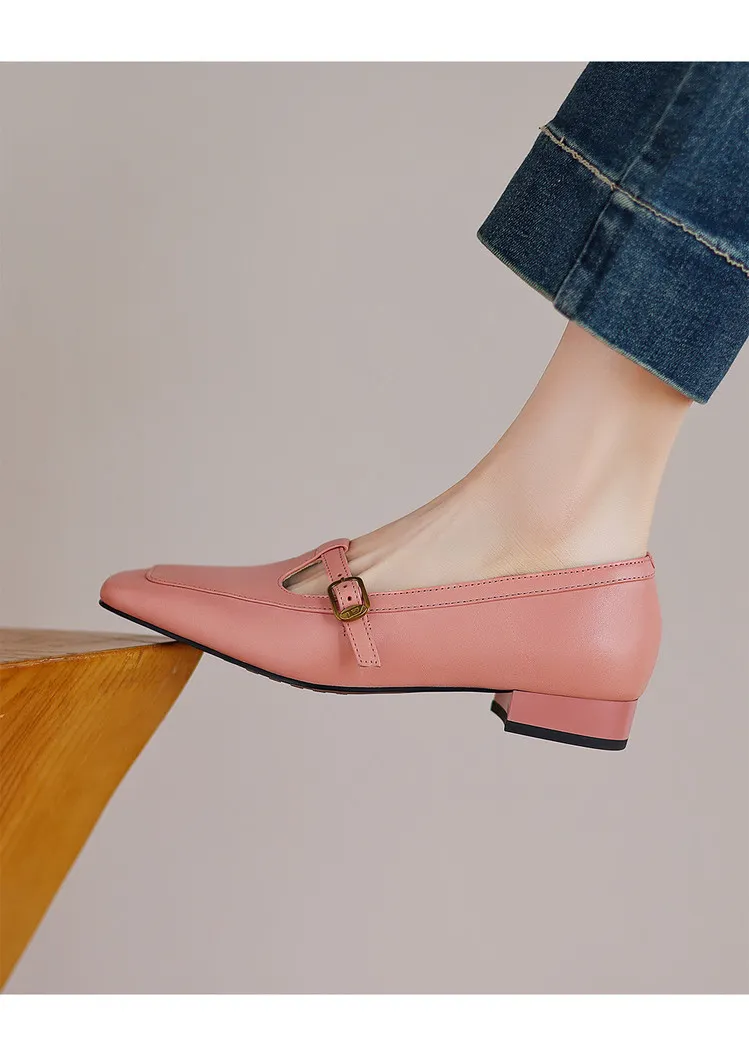 Women's square-toe chunky heel flats with buckle, made of cowhide, available in green, pink, and white (04-05e).