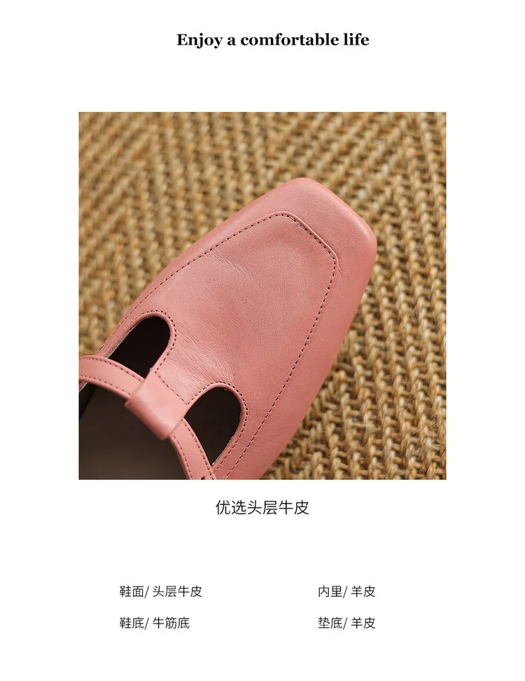 Women's square-toe chunky heel flats with buckle, made of cowhide, available in green, pink, and white (04-05e).