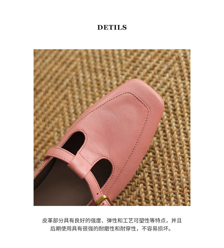 Women's square-toe chunky heel flats with buckle, made of cowhide, available in green, pink, and white (04-05e).