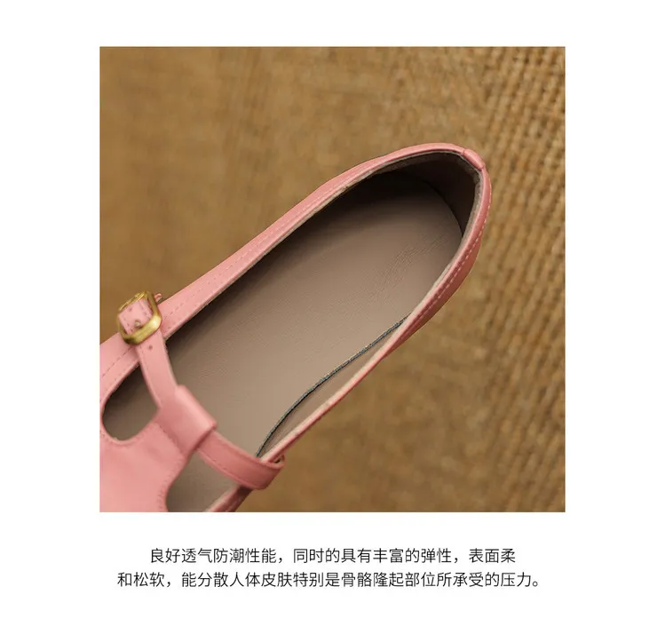 Women's square-toe chunky heel flats with buckle, made of cowhide, available in green, pink, and white (04-05e).