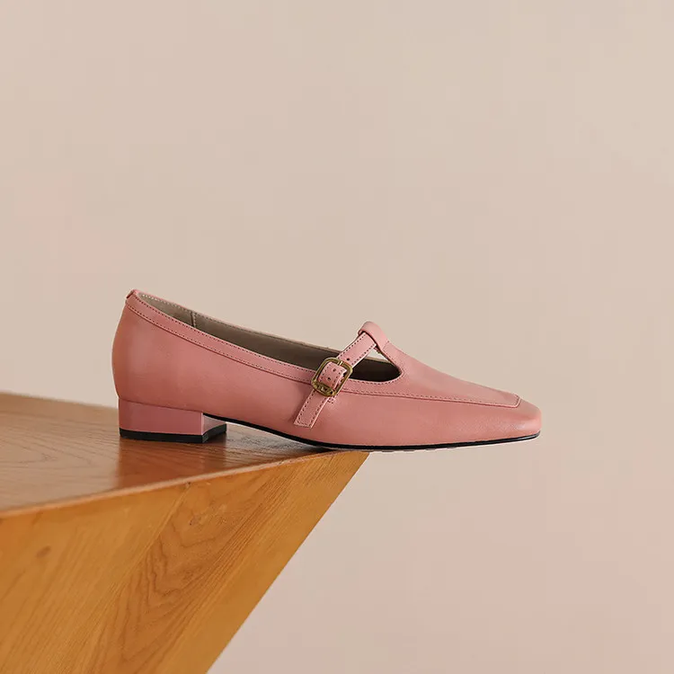 Women's square-toe chunky heel flats with buckle, made of cowhide, available in green, pink, and white (04-05e).