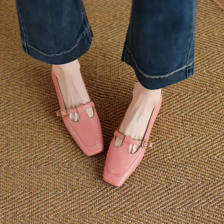 Women's square-toe chunky heel flats with buckle, made of cowhide, available in green, pink, and white (04-05e).