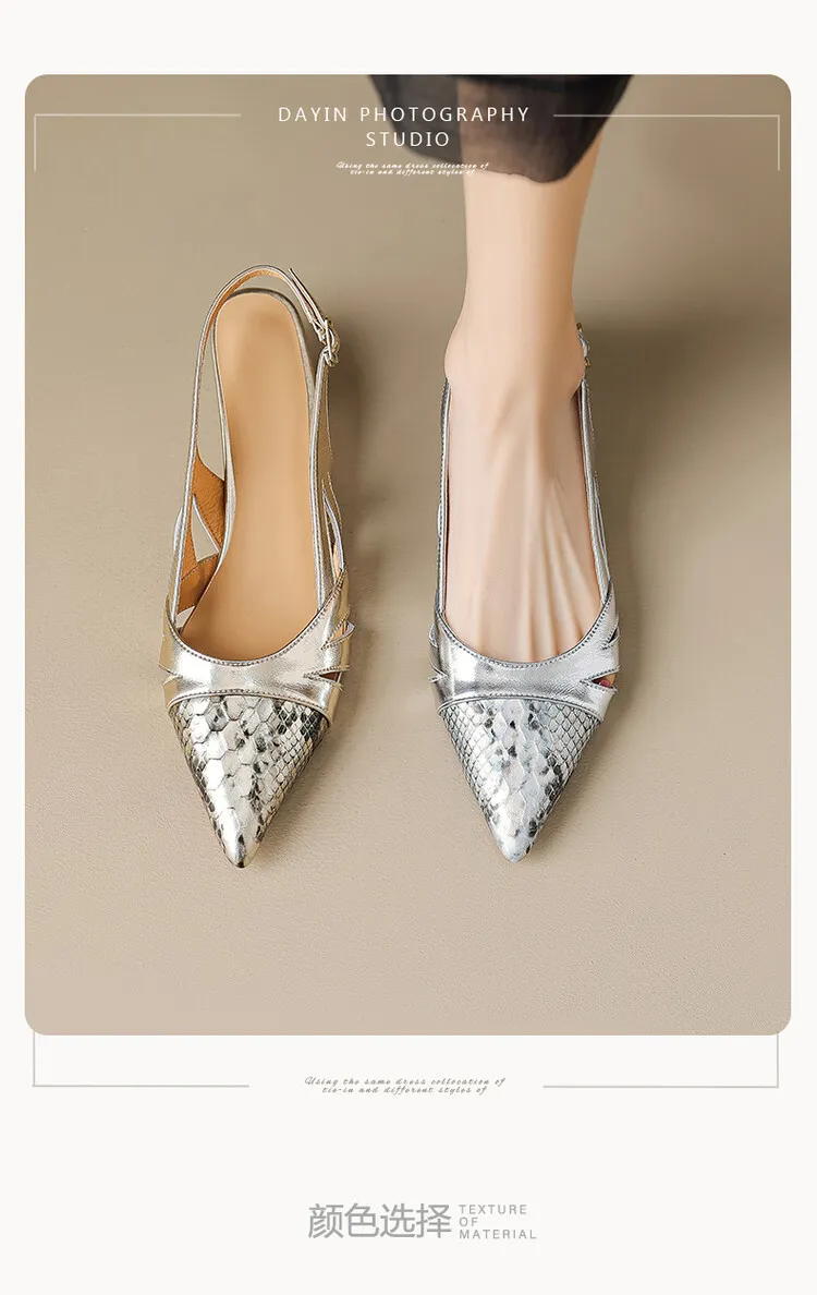 Fashionable mid-to-high heeled pointed-toe closed-toe sandals, spring/summer, snakeskin cowhide, buckle, open back women's shoes, 04-05L