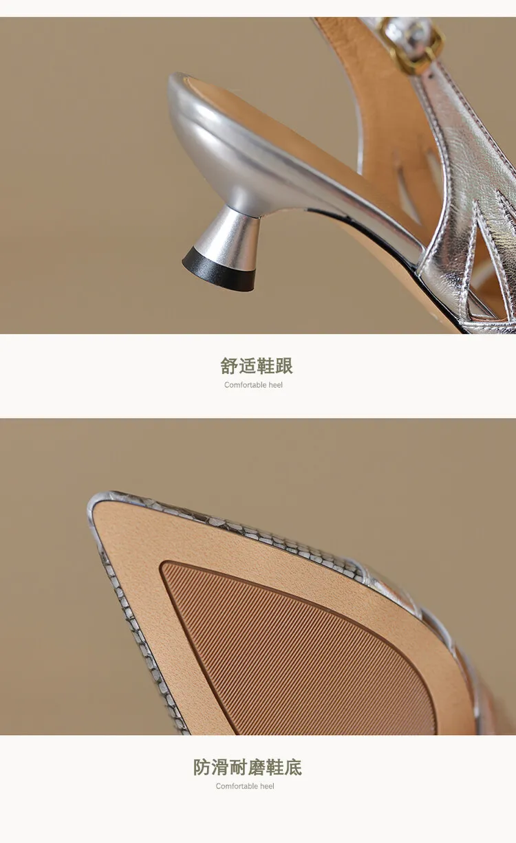 Fashionable mid-to-high heeled pointed-toe closed-toe sandals, spring/summer, snakeskin cowhide, buckle, open back women's shoes, 04-05L