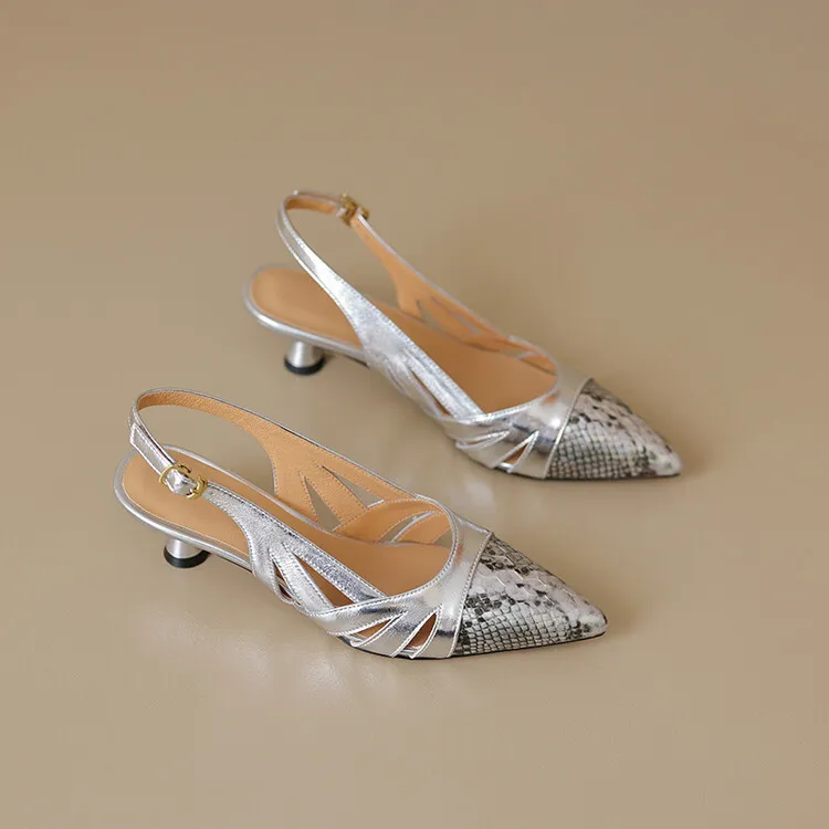 Fashionable mid-to-high heeled pointed-toe closed-toe sandals, spring/summer, snakeskin cowhide, buckle, open back women's shoes, 04-05L
