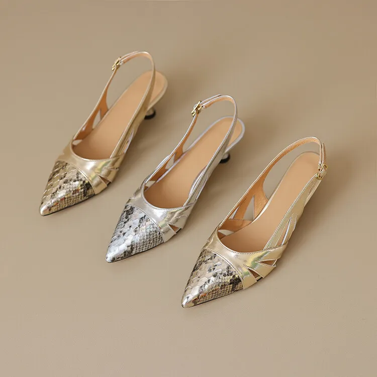 Fashionable mid-to-high heeled pointed-toe closed-toe sandals, spring/summer, snakeskin cowhide, buckle, open back women's shoes, 04-05L