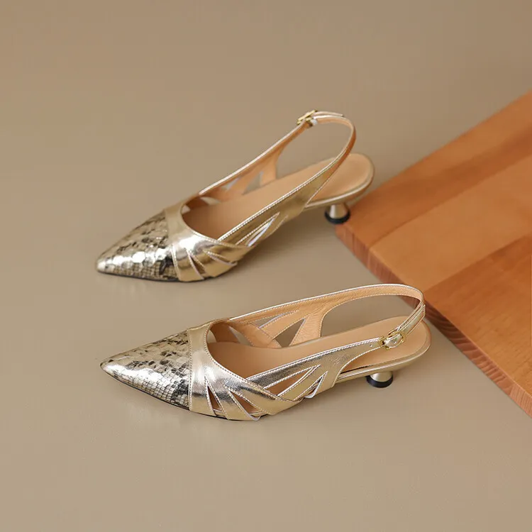 Fashionable mid-to-high heeled pointed-toe closed-toe sandals, spring/summer, snakeskin cowhide, buckle, open back women's shoes, 04-05L