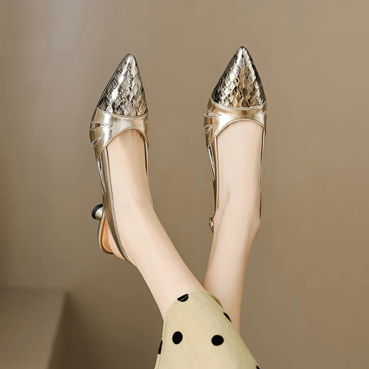 Fashionable mid-to-high heeled pointed-toe closed-toe sandals, spring/summer, snakeskin cowhide, buckle, open back women's shoes, 04-05L