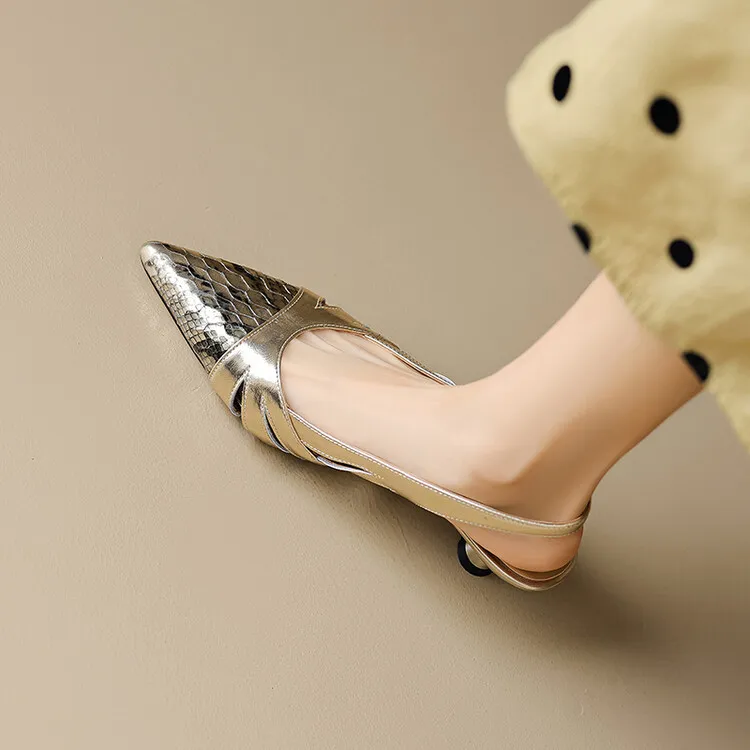 Fashionable mid-to-high heeled pointed-toe closed-toe sandals, spring/summer, snakeskin cowhide, buckle, open back women's shoes, 04-05L