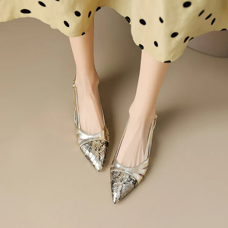 Fashionable mid-to-high heeled pointed-toe closed-toe sandals, spring/summer, snakeskin cowhide, buckle, open back women's shoes, 04-05L