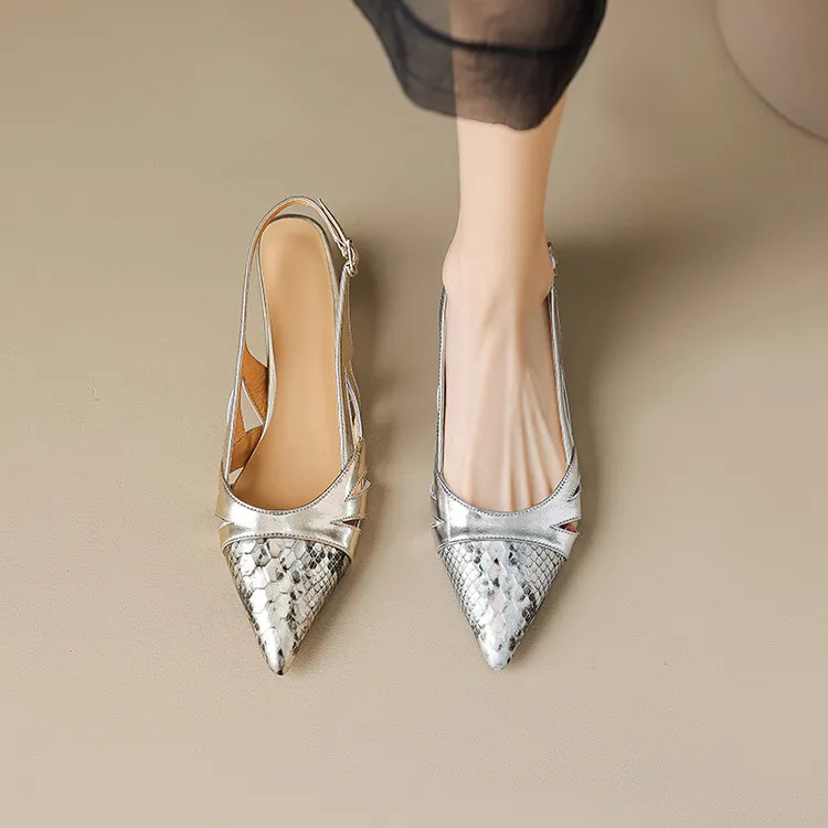 Fashionable mid-to-high heeled pointed-toe closed-toe sandals, spring/summer, snakeskin cowhide, buckle, open back women's shoes, 04-05L