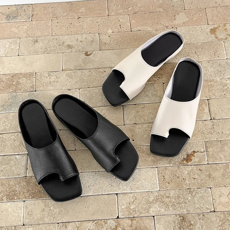 Spring/Summer Square Toe Slippers, Comfortable Sheepskin Fashion Women's Shoes 04-05a